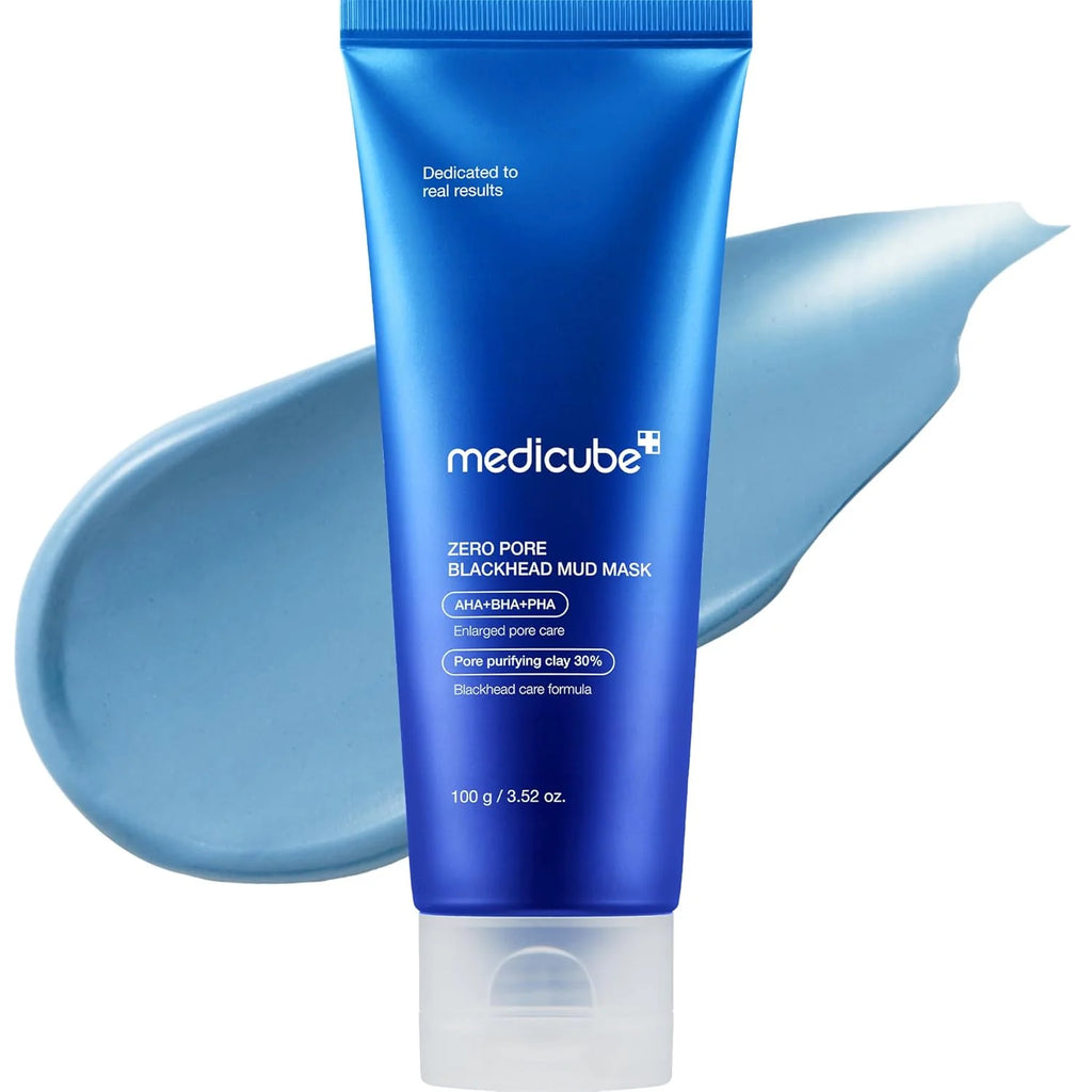 Blue tube of Medicube Zero Pore Blackhead Mud Mask with blue paste on a white background