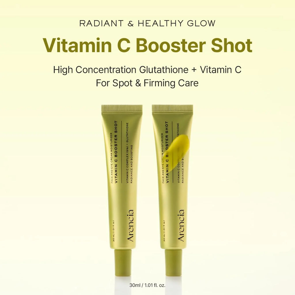 Two Arancia Vitamin C Booster Shot tubes on a light yellow background with text about the product.