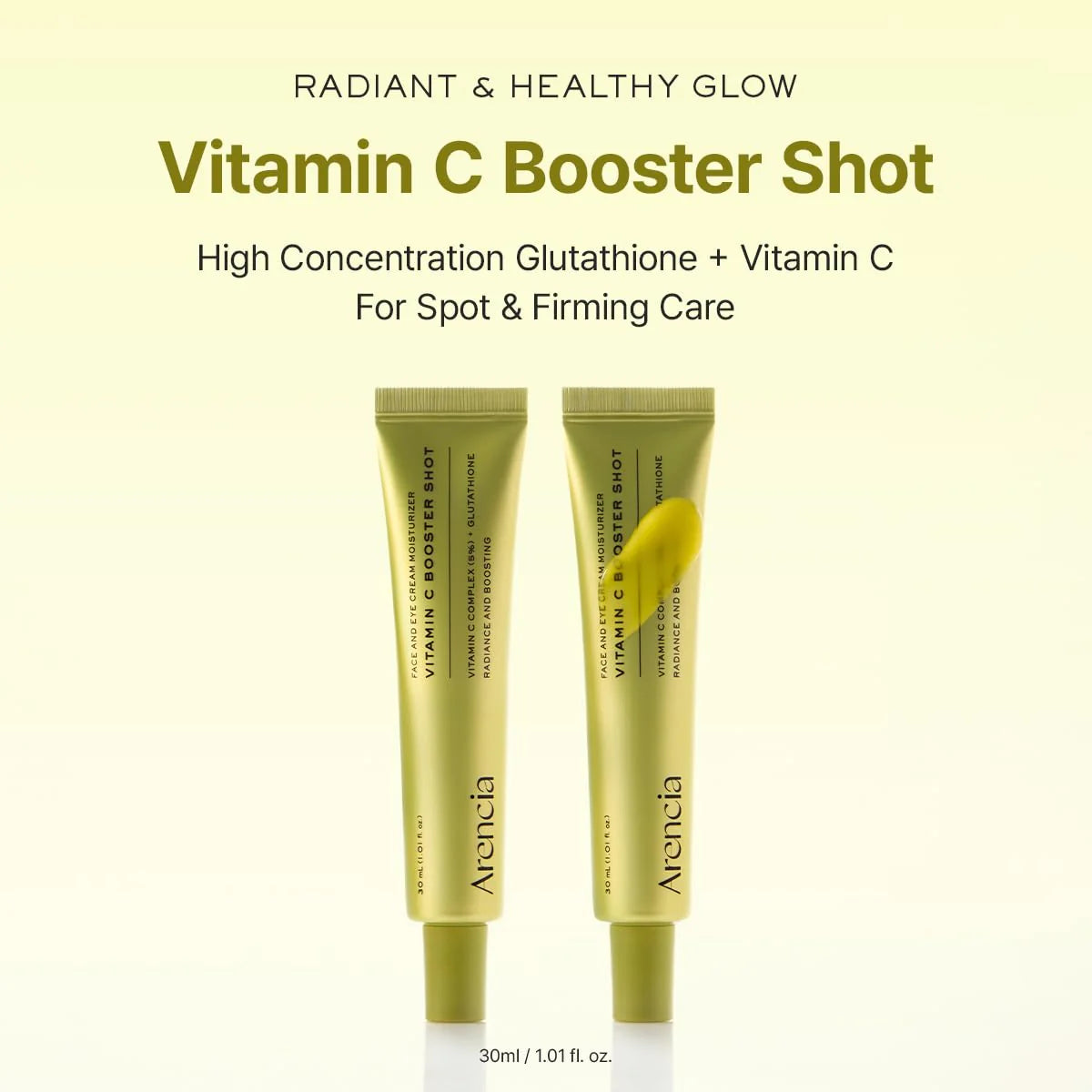 Two Arancia Vitamin C Booster Shot tubes on a light yellow background with text about the product.