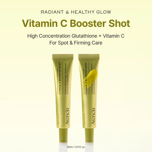 Two Arancia Vitamin C Booster Shot tubes on a light yellow background with text about the product.