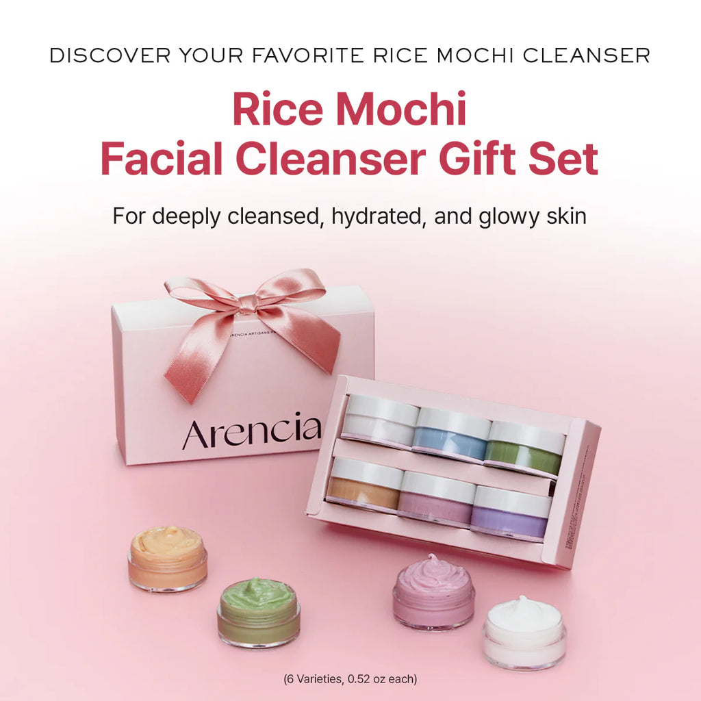 Rice Mochi Facial Cleanser Gift Set with 'Arencia' branding on a pink background