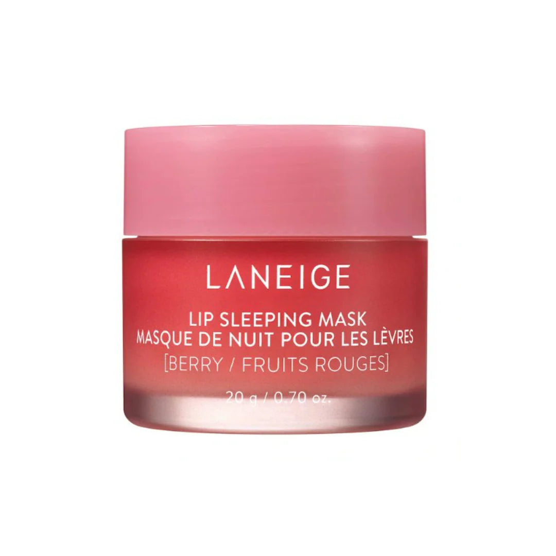 Laneige lip sleeping mask jar with pink lid on a white background