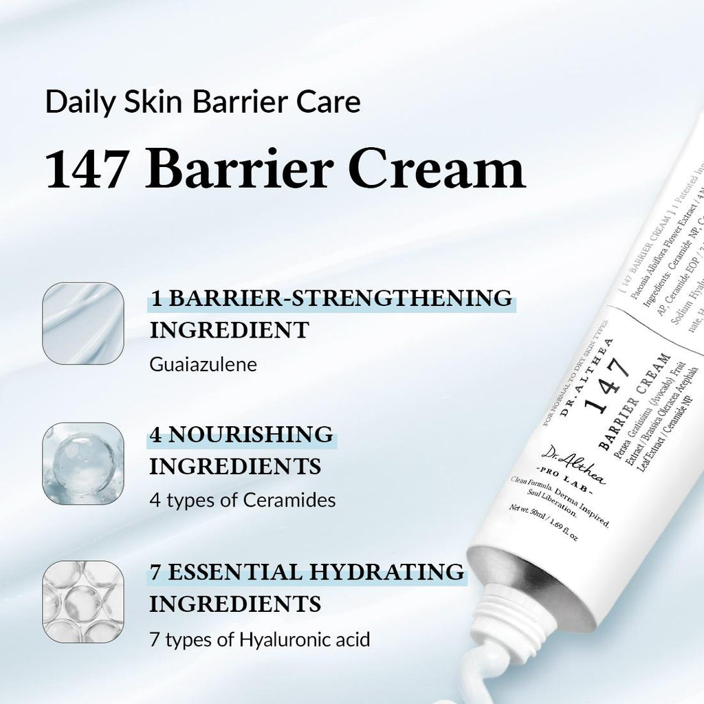 147 Barrier Cream packaging with ingredients listed on a light blue background