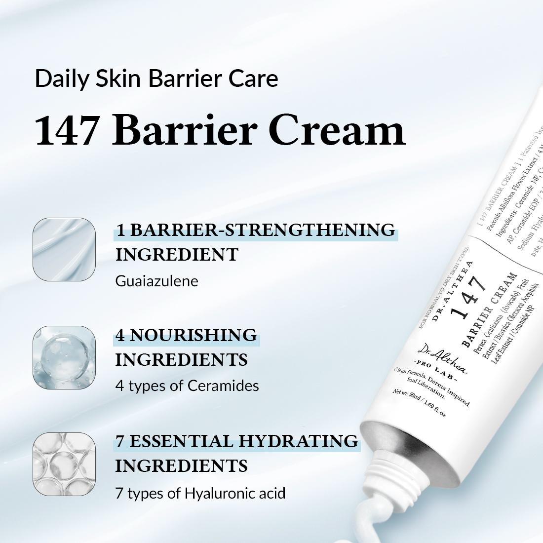 147 Barrier Cream packaging with ingredients listed on a light blue background
