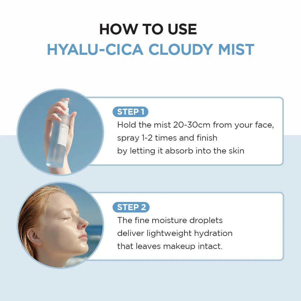 Instructions on how to use Hyalu-Cica Cloudy Mist with a spray bottle and person using the mist.