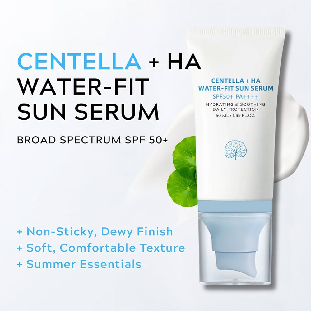 Centella + HA Water-Fit Sun Serum packaging with product details on a light gray background