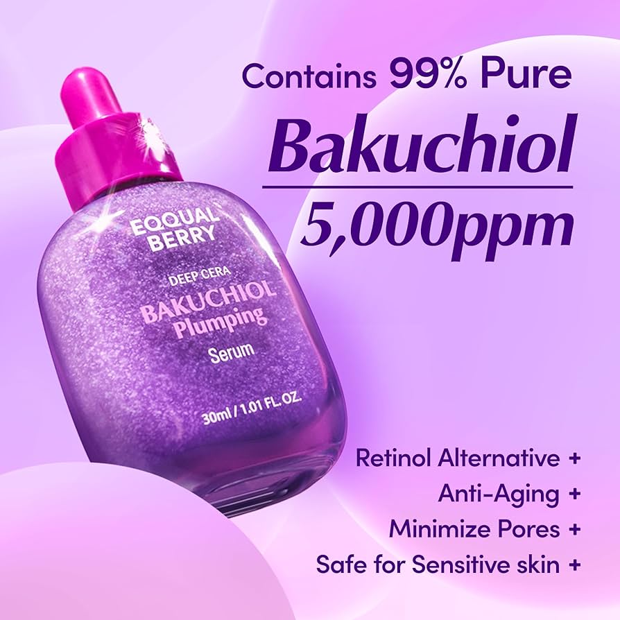 Bakuchiol plumping serum bottle with text on a purple background