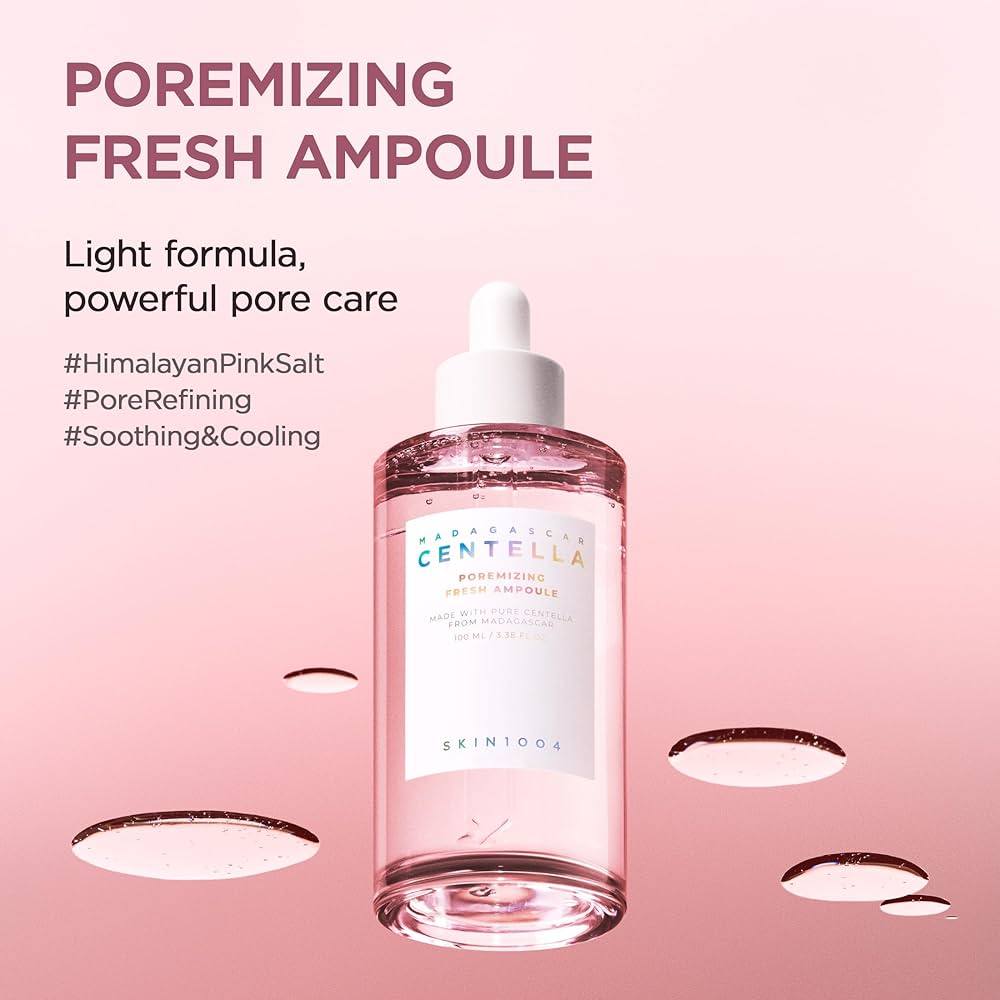 Skintouch poremizing fresh ampoule bottle on a pink background with text about product features.