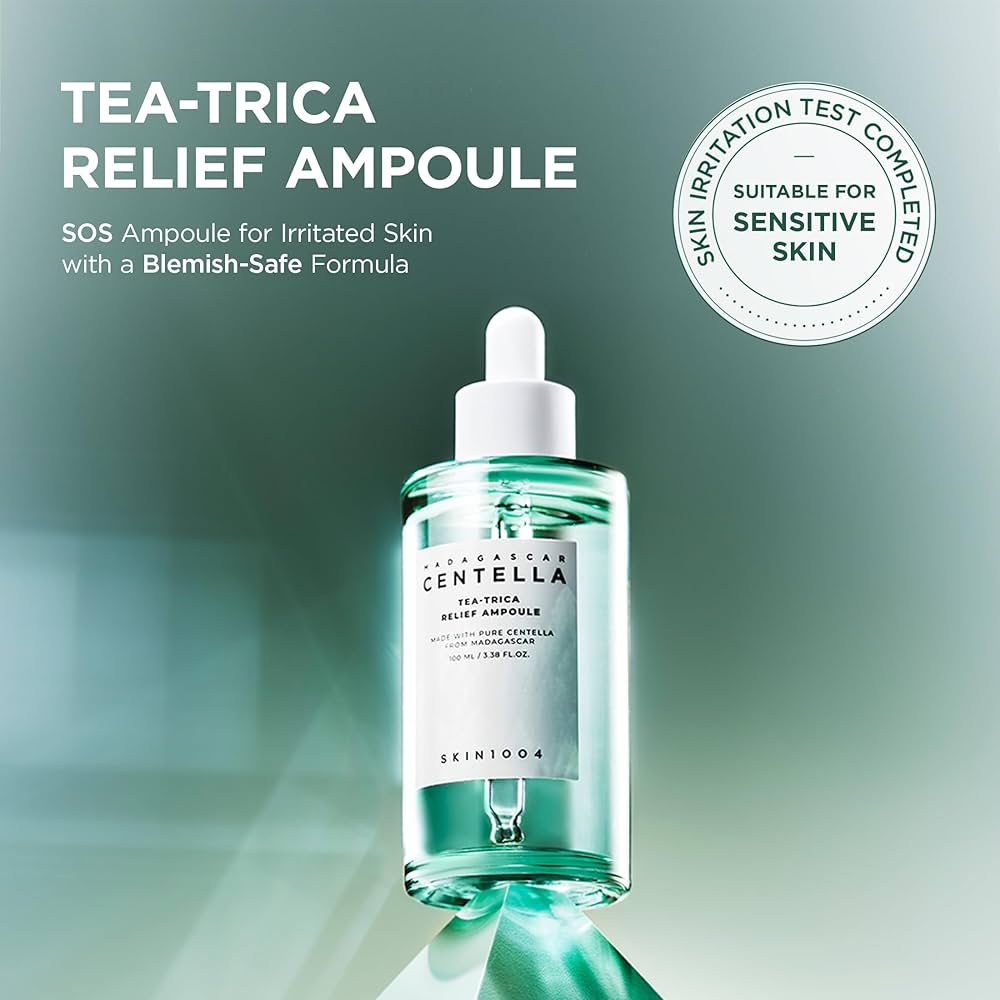 Tea-Trica Relief Ampoule bottle with green liquid on a light green background