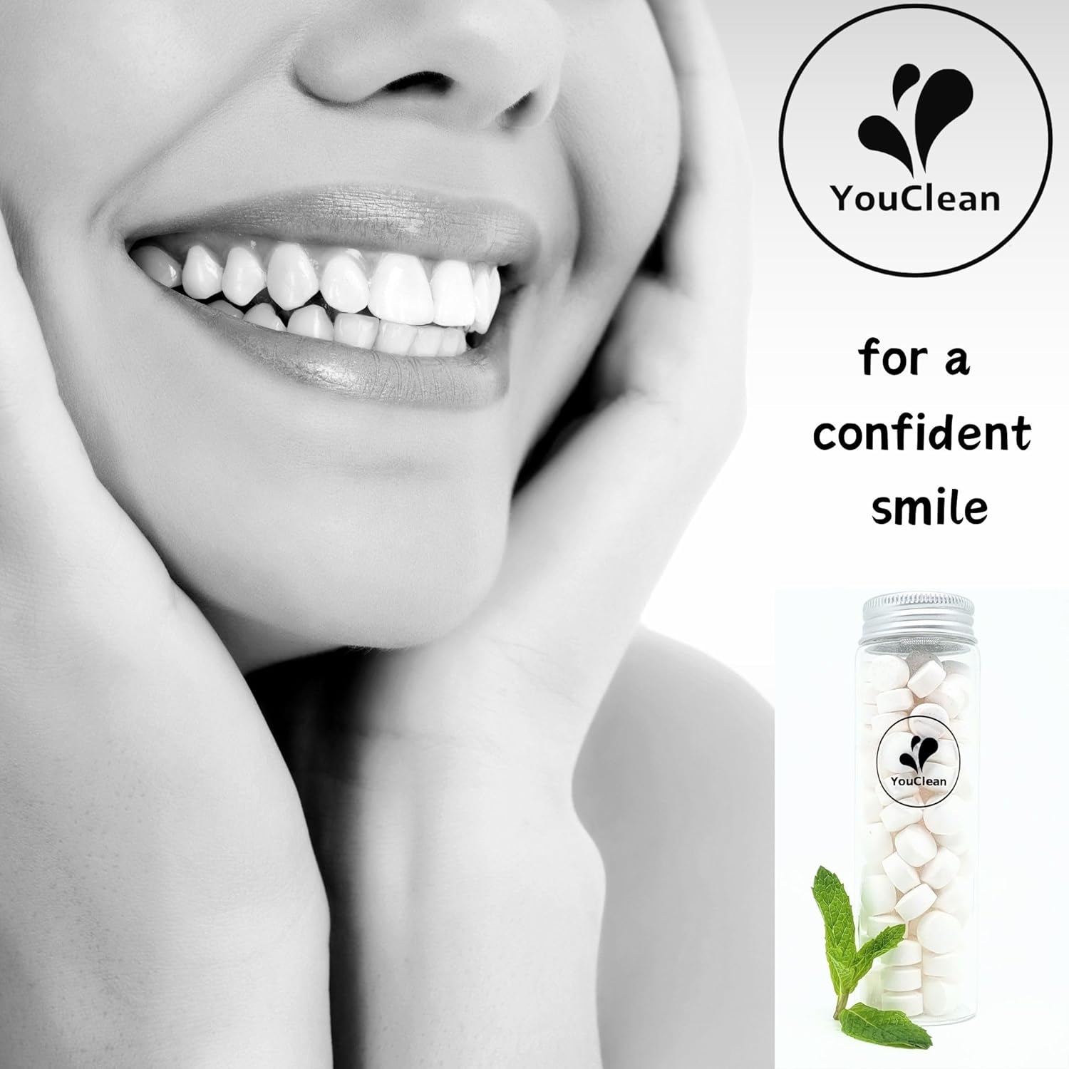 Advertisement for YouClean dental product with a close-up of a person's face and the product packaging.