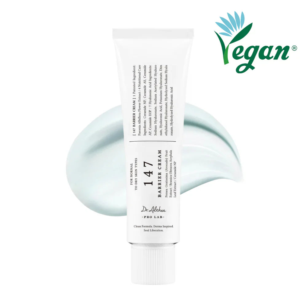 Tube of 147 Barrier Cream with a swatch of cream on a white background, featuring the Vegan logo.