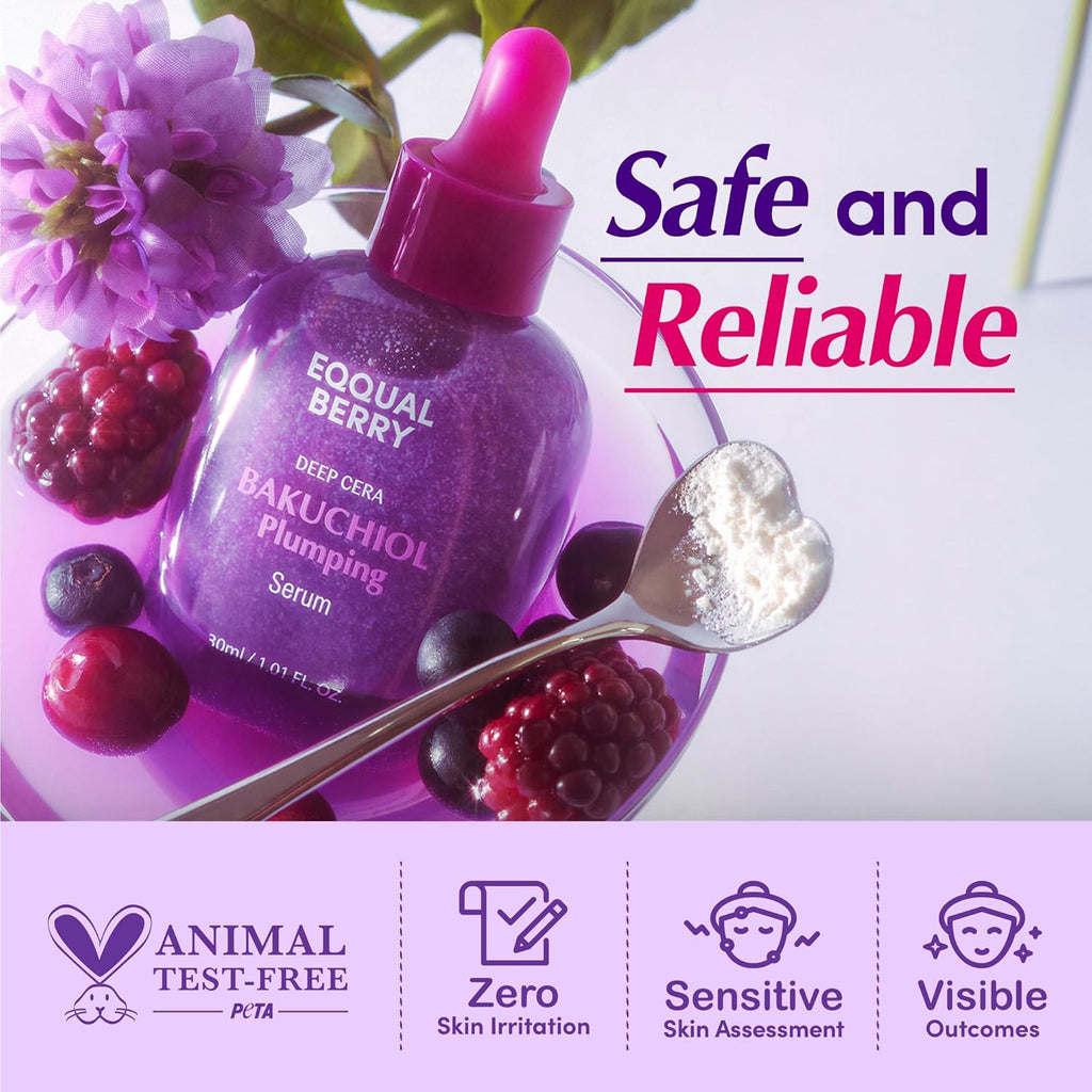 Bakuchiol plumping serum bottle with berries and flowers, labeled 'Safe and Reliable'.