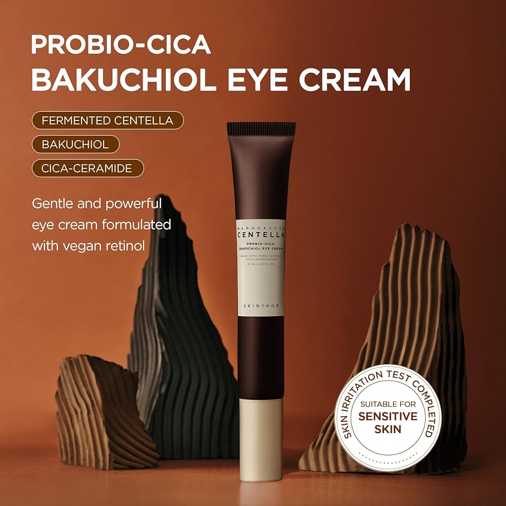 Probio-Cica Bakuchiol Eye Cream with product and brand details on a brown background