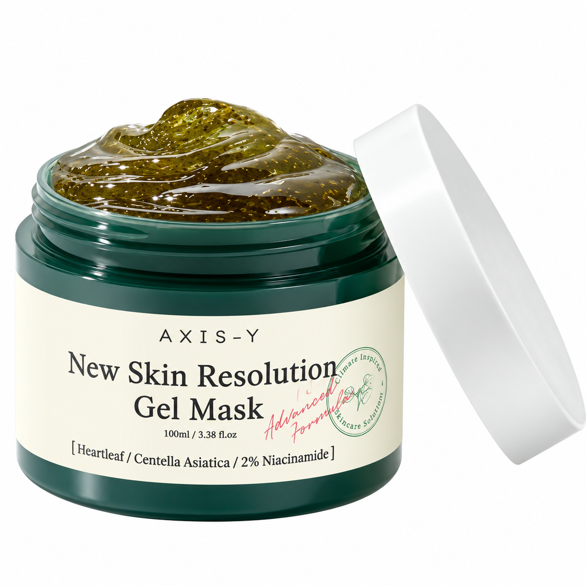 A dark green jar of AXIS-Y New Skin Resolution Gel Mask with a white lid leaning against it, showing the translucent olive-green gel inside. The product is shot on a clean white background.