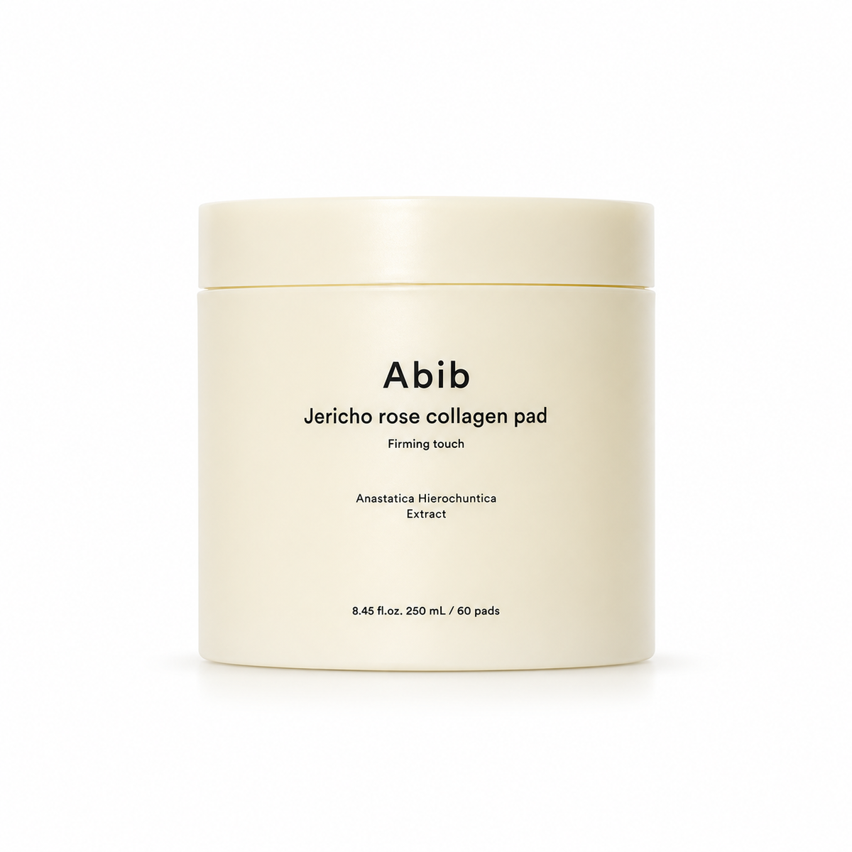 A cream-colored cosmetic jar of Abib Jericho rose collagen pad on a clean white background.