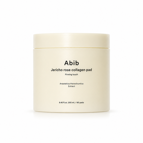 A cream-colored cosmetic jar of Abib Jericho rose collagen pad on a clean white background.
