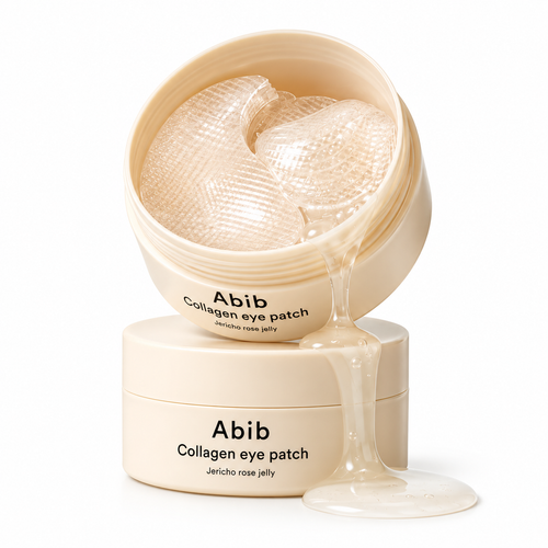 An open cream-colored jar of Abib Collagen eye patch jelly sits on top of a closed matching jar, with translucent gelatin eye patches visible inside and a glossy pool of jelly dripping from the open container on a clean white background.