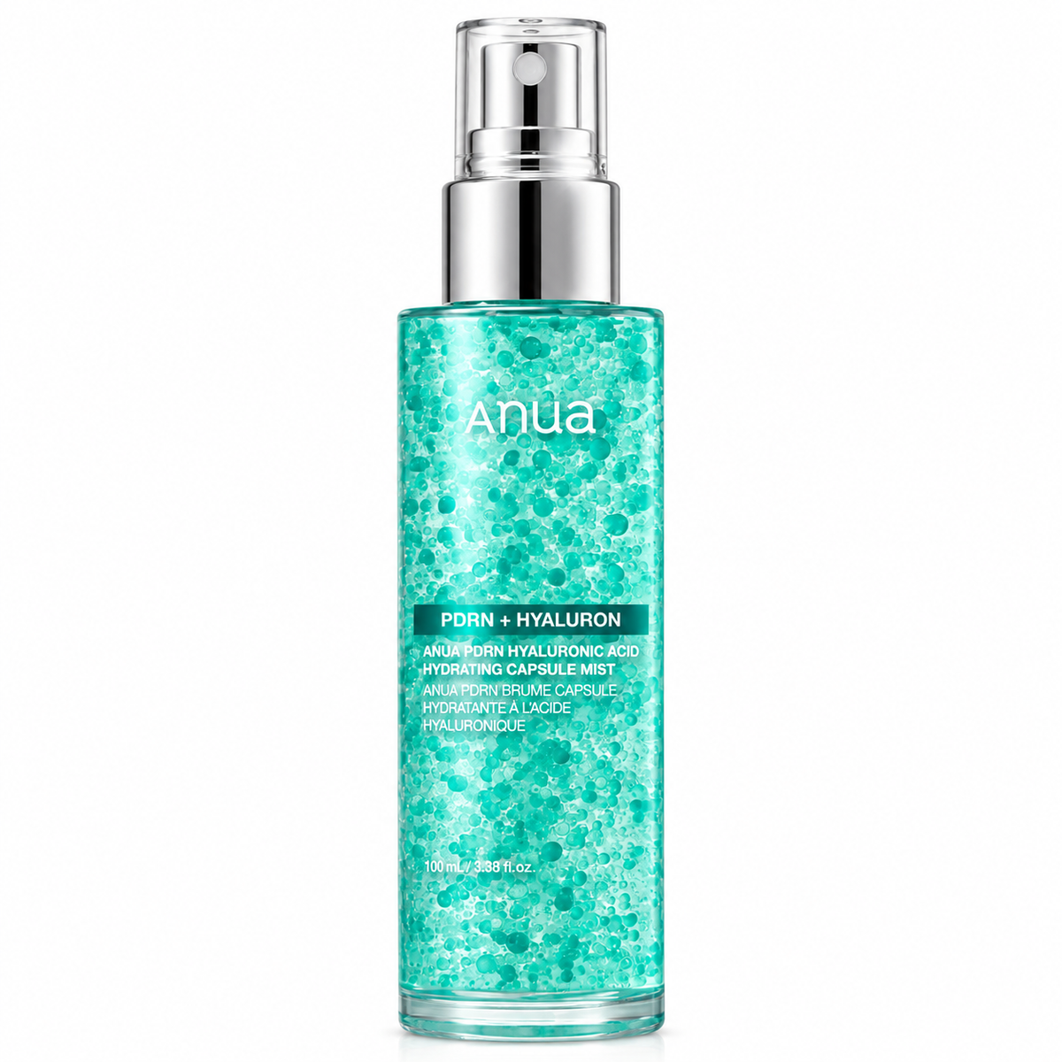 Anua PDRN + Hyaluronic Acid Hydrating Capsule Mist in a clear bottle filled with sparkling turquoise liquid, featuring a silver pump dispenser, on a solid white background.