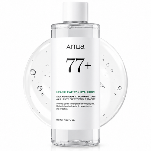 Anua 77+ Heartleaf Toner in a clear plastic bottle with a white cap and white label, shown against a white background with a circular water droplet graphic behind it.