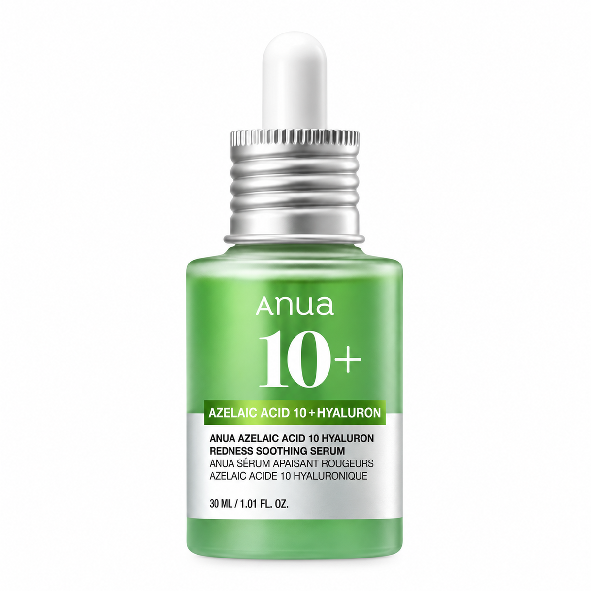 Anua 10+ Azelaic Acid 10 + Hyaluronic Redness Soothing Serum in a green glass dropper bottle with a silver cap, on a white background.