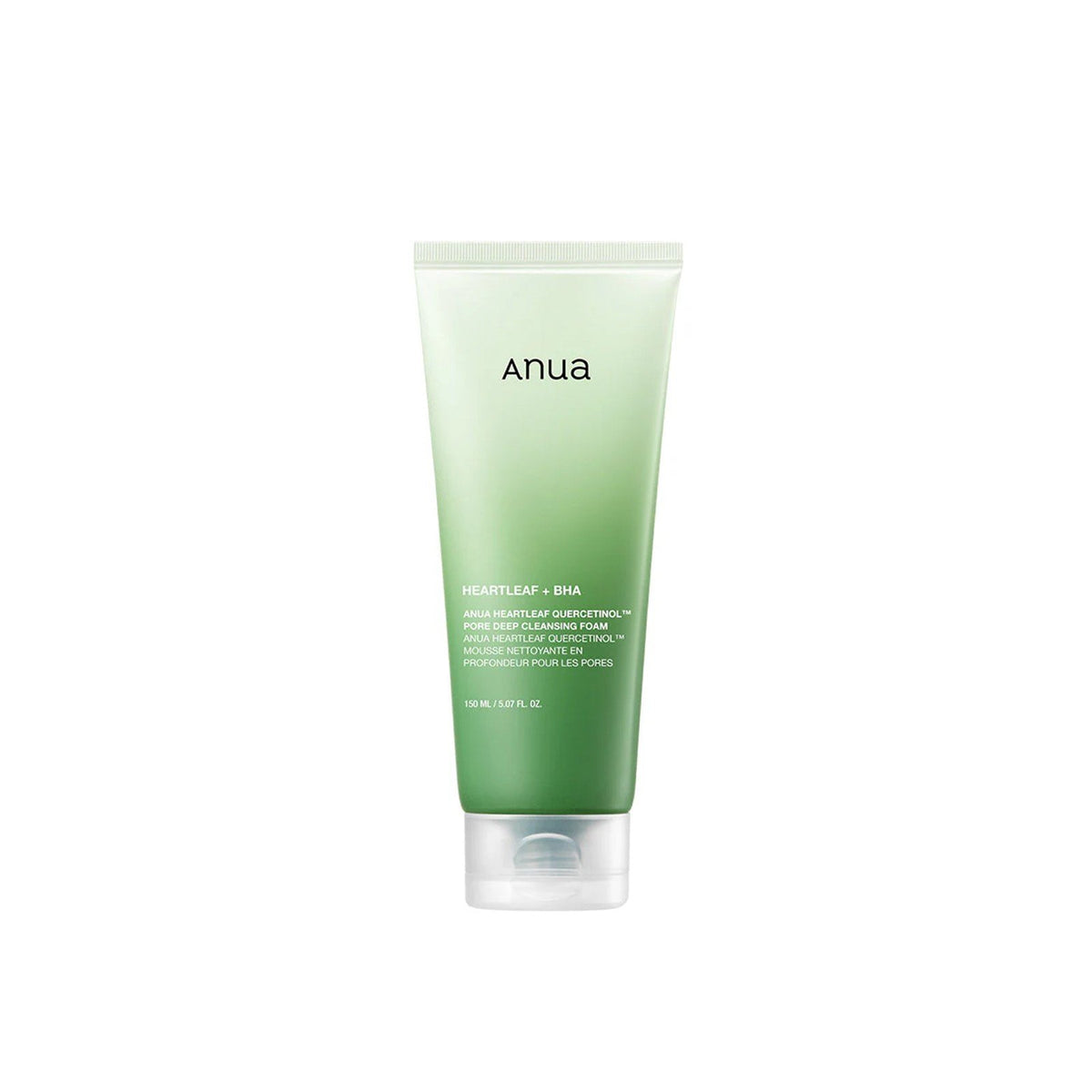 Green skincare tube labeled 'anua' on a white background