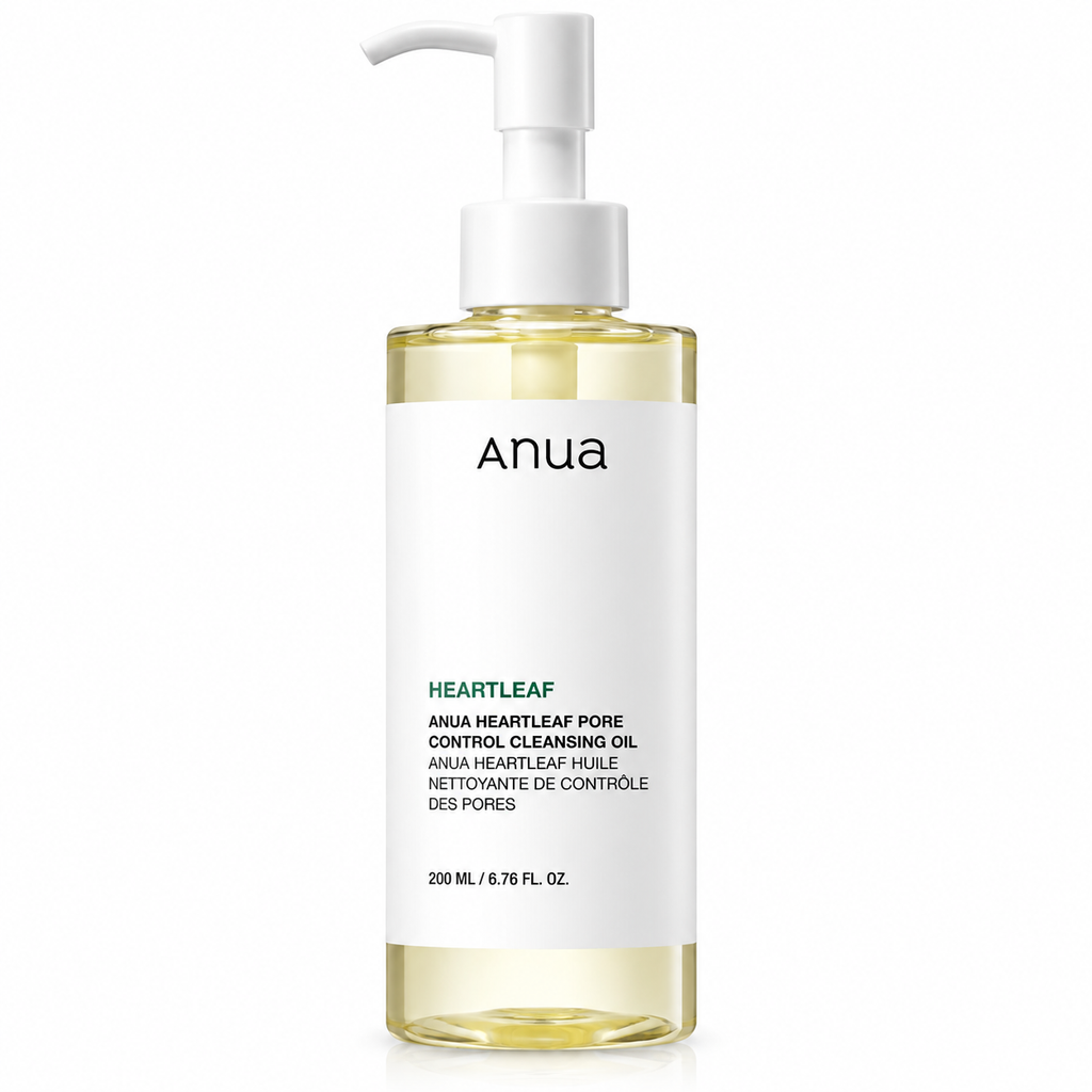 Anua Heartleaf Pore Control Cleansing Oil in a 200 ml clear bottle with a white pump dispenser and a white label, set against a plain white background.