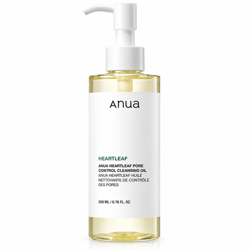 Anua Heartleaf Pore Control Cleansing Oil in a 200 ml clear bottle with a white pump dispenser and a white label, set against a plain white background.