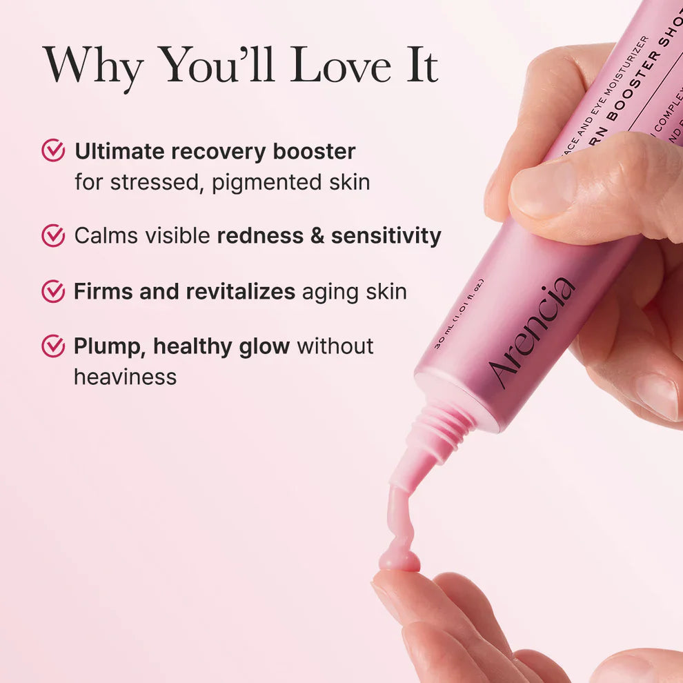 Pink skincare product being applied with text highlighting benefits on a white background
