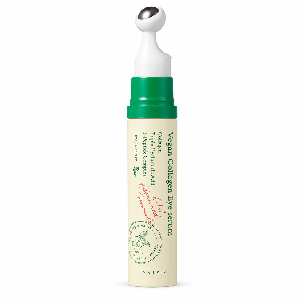 Axis-Y Vegan Collagen Eye serum in a cylindrical pump bottle with a cream-colored body, green cap, and silver ball applicator, shown on a white background.