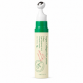 Axis-Y Vegan Collagen Eye serum in a cylindrical pump bottle with a cream-colored body, green cap, and silver ball applicator, shown on a white background.