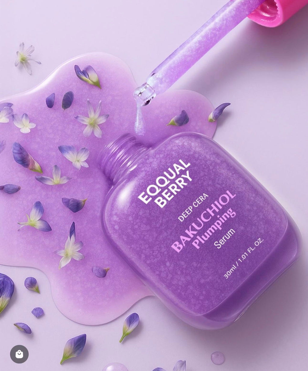 Purple skincare serum bottle with dropper on a purple textured pad with flowers