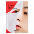 COSRX Blemish Care Sheet Mask in a red, white, and beige stand-up pouch, featuring a close-up of a model's face wearing the sheet mask.