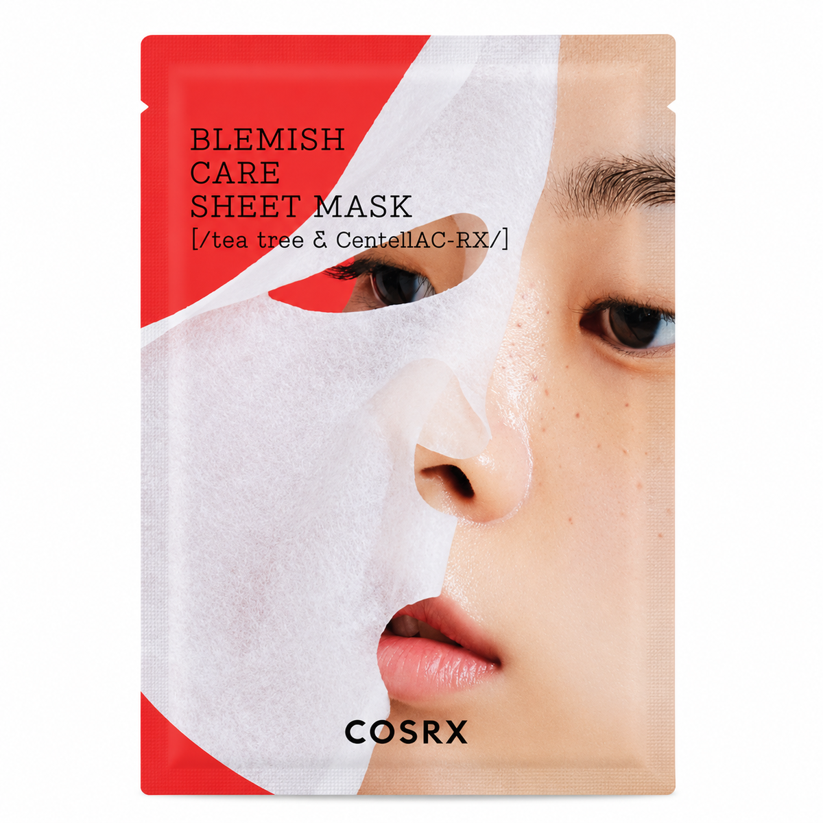 COSRX Blemish Care Sheet Mask in a red, white, and beige stand-up pouch, featuring a close-up of a model's face wearing the sheet mask.