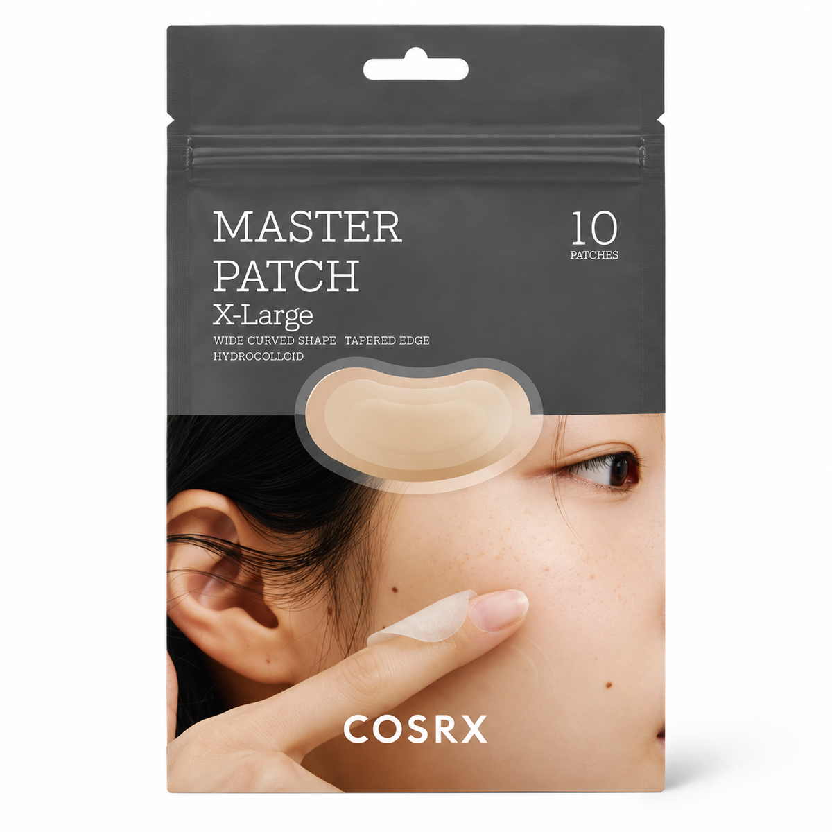 COSRX Master Patch X-Large skincare patch packaging, featuring a dark gray pouch with a photo of a woman's face showing the patch applied to her cheek.