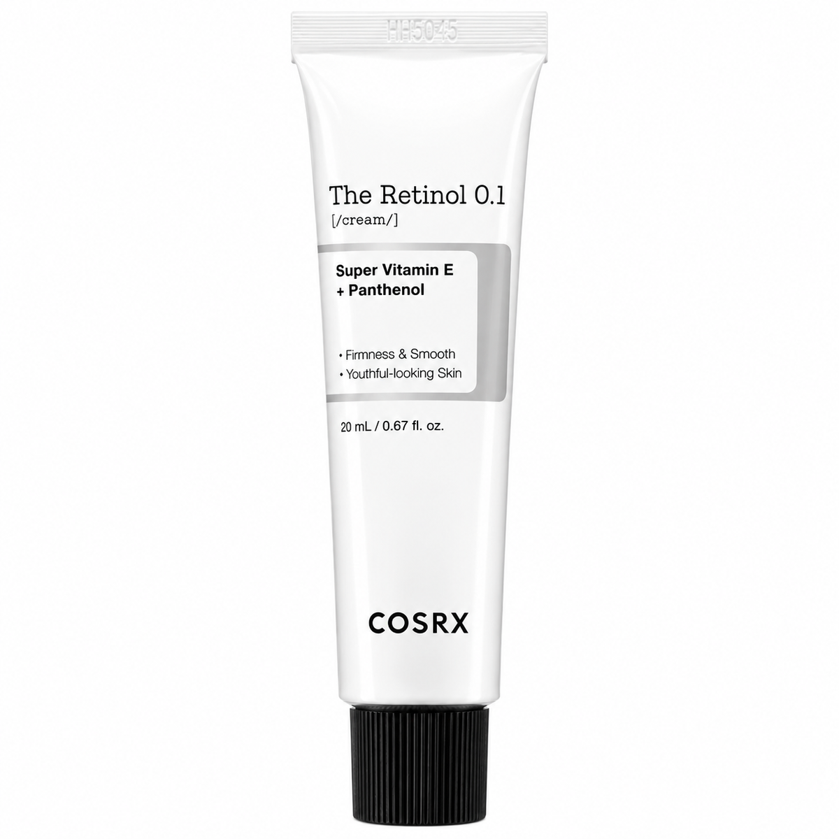 A white squeeze tube of COSRX The Retinol 0.1 cream with a black cap, centered on a plain white background.