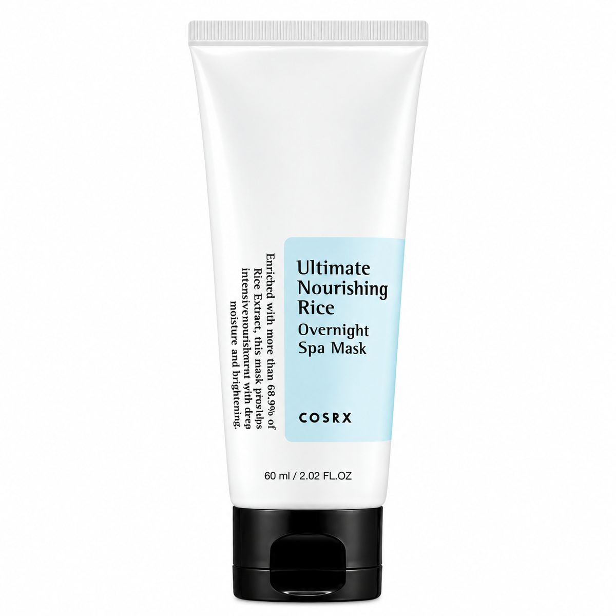 COSRX Ultimate Nourishing Rice Overnight Spa Mask in a white squeeze tube with a black flip-top cap and a light blue label panel.