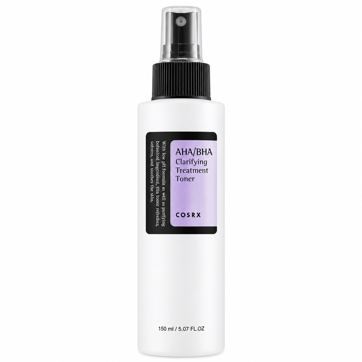 COSRX AHA/BHA Clarifying Treatment Toner in a 150 ml white spray bottle with a black pump and a lavender label.