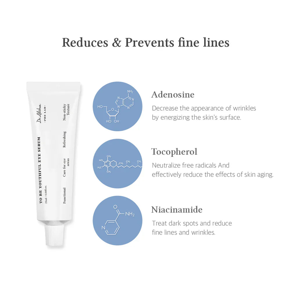 Skincare serum tube with ingredients Adenosine, Tocopherol, and Niacinamide on a white background