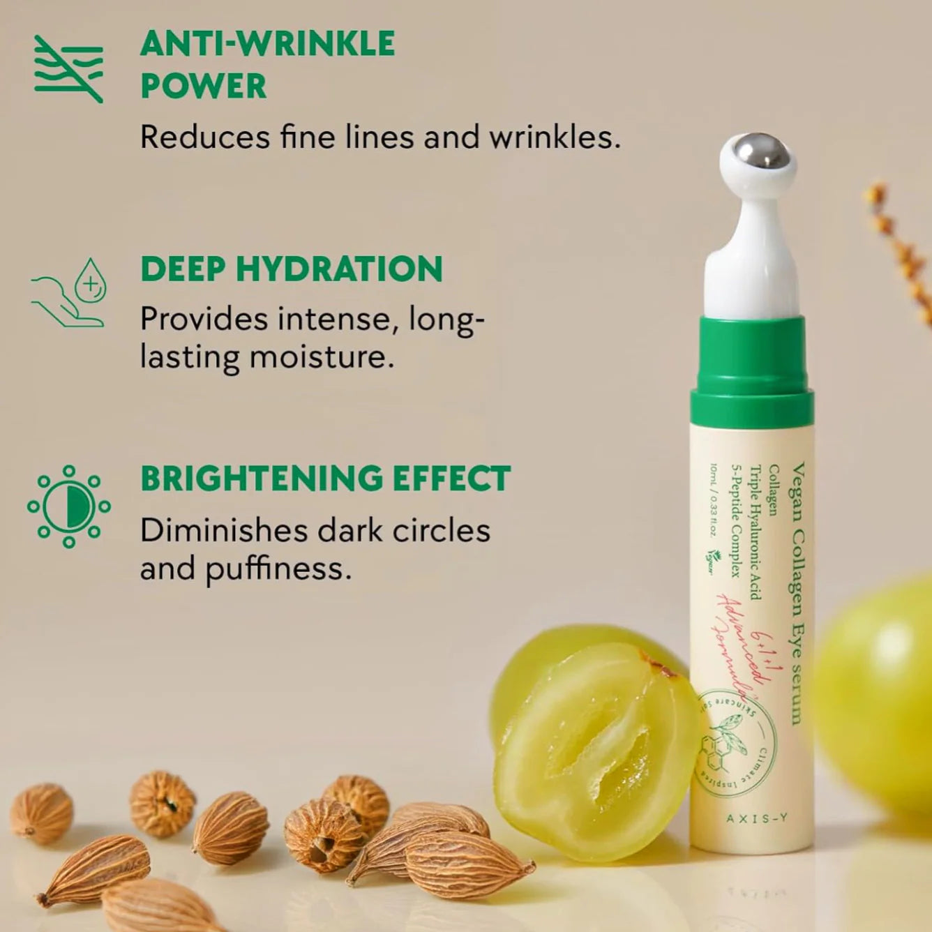 Eye serum with ingredients and benefits on a beige background