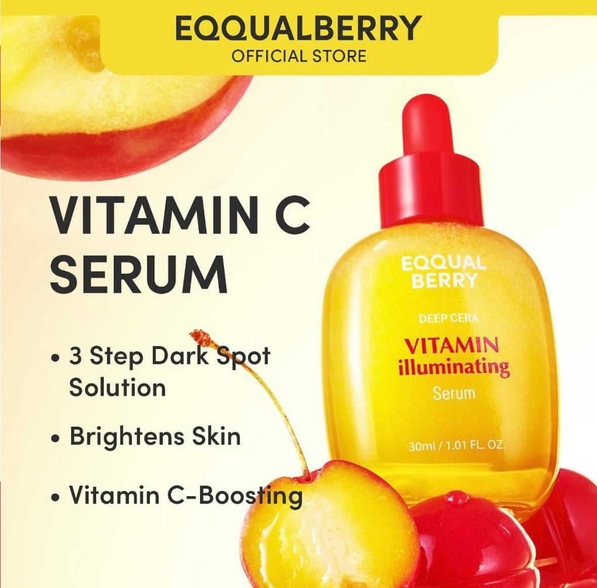 Equalberry Vitamin C Serum bottle with cherry and apple graphics on a light background