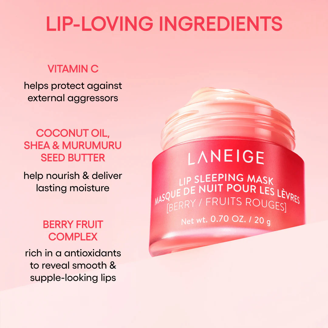 Laneige lip sleeping mask with ingredients listed on a pink background