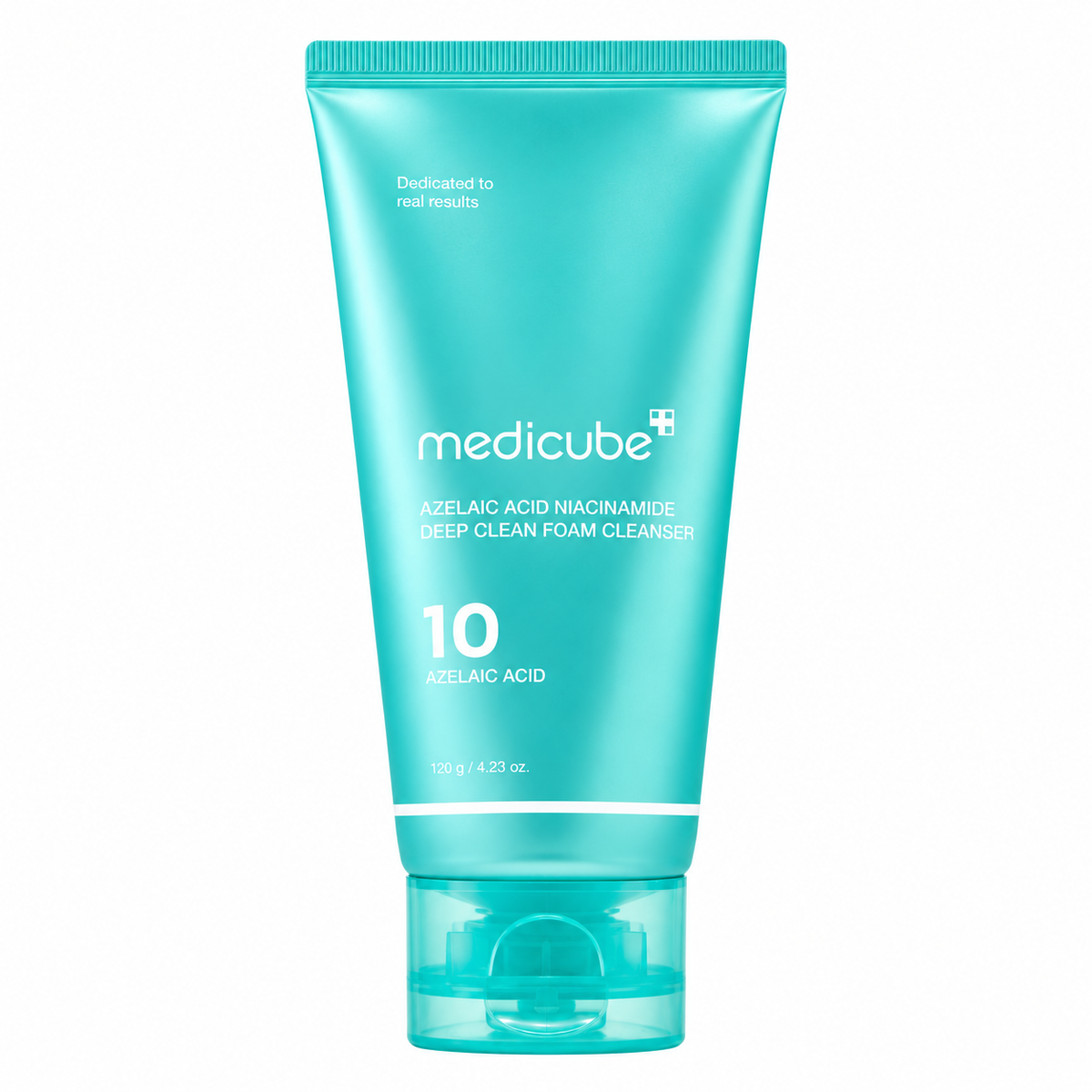 A turquoise-blue squeeze tube of medicube+ Deep Clean Foam Cleanser 10% Azelaic Acid, shown against a plain white background.