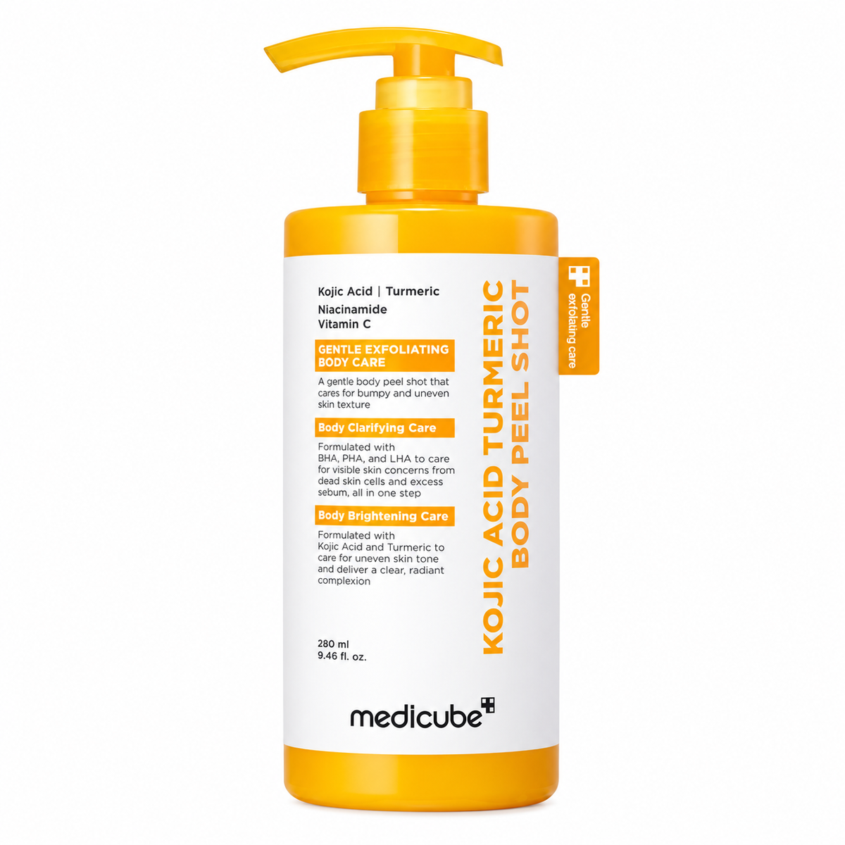 A bottle of Medicube Kojic Acid Turmeric Body Peel Shot with a yellow pump dispenser and a white label featuring orange and black text, set against a plain white background.