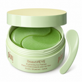 Pixi BeautifEYE Brightening Eye Patches in a light green jar with an open lid, showing the green eye patches inside, and a matching spatula on a white background.