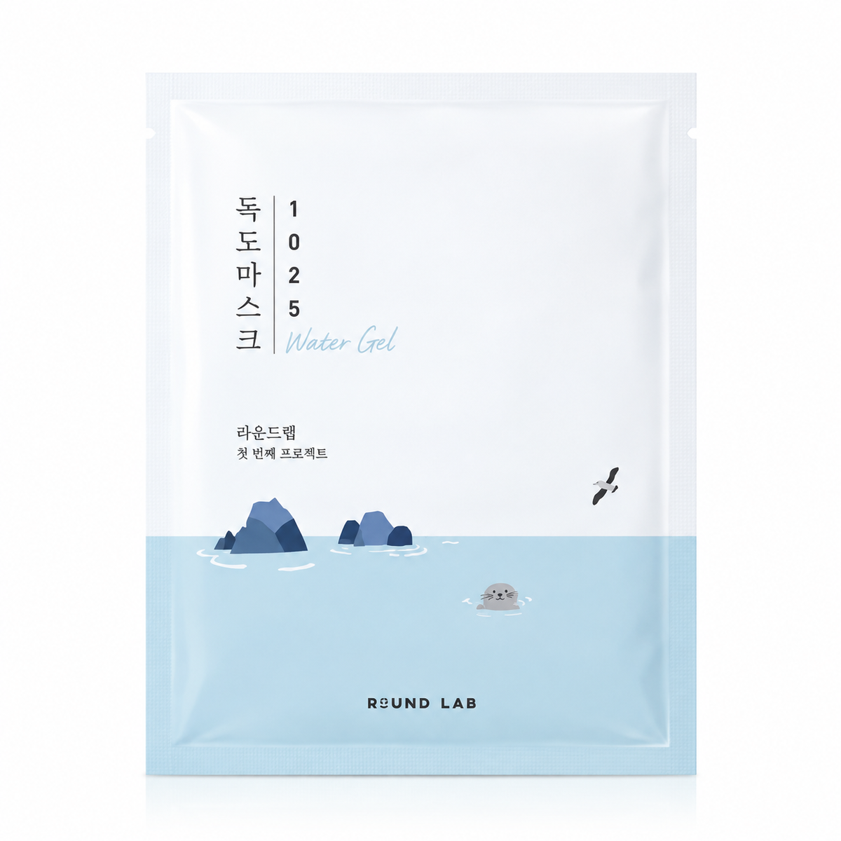 A single-use skincare packet for Round Lab's 1025 Water Gel mask, featuring a minimalist illustration of rocks and a seal in a light blue ocean on a white and light blue background.