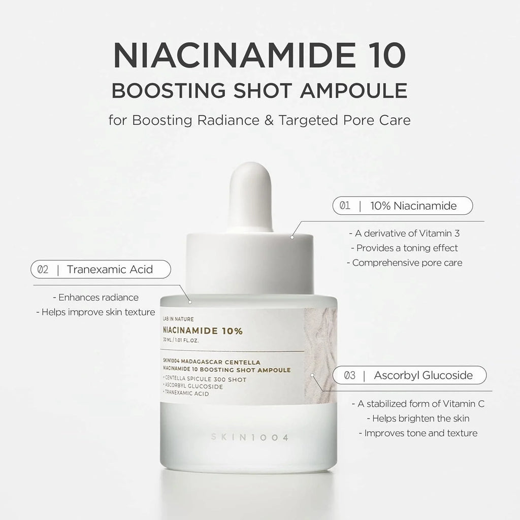 Skincare ampoule with Niacinamide 10 feature on a white background
