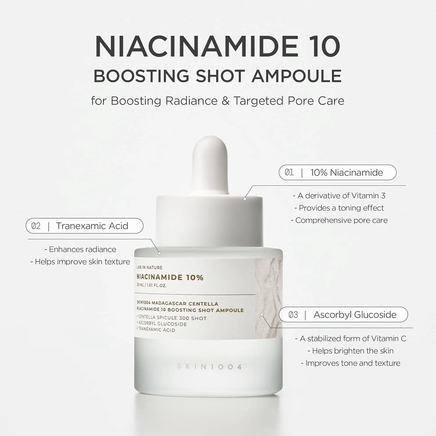 Skincare ampoule with Niacinamide 10 feature on a white background
