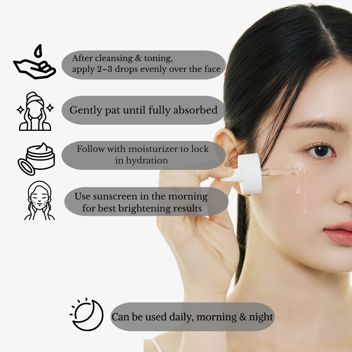 Woman applying skincare product with usage instructions on a white background