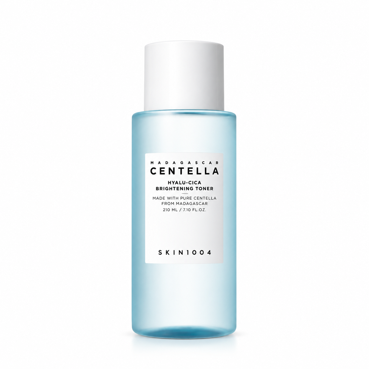 A bottle of SKIN1004 Madagascar Centella Hyalu-Cica Brightening Toner, featuring a light blue translucent bottle and a white cap, set against a plain white background.