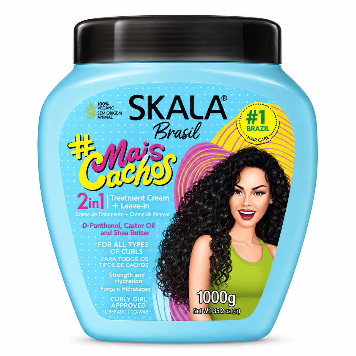 A 1000g plastic jar of Skala Brasil Mais Cachos Treatment Cream with a black lid and a light blue body, featuring a graphic label with a woman with curly hair and product text.